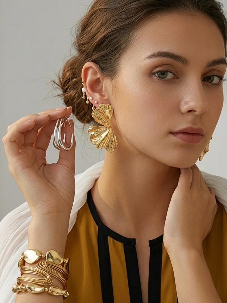Gold Ginkgo Leaf Sculptural Earrings - Women Jewelry